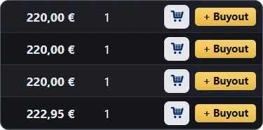 Offer rows with price, quantity and a Buyout button on each