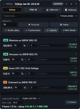 A buyout list with cards, rounding, the EUR to CZK rate, the Done button and the total