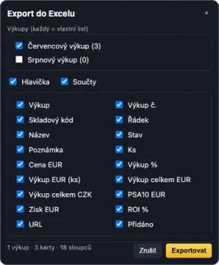 The XLSX export dialog with column checkboxes